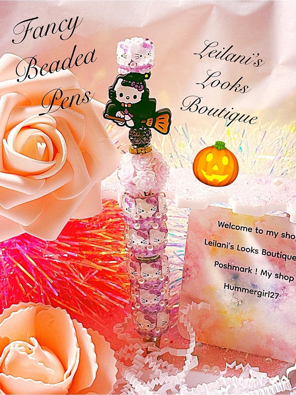 Fancy beaded Pen/gifts/Hello Kitty beaded pen with pink and white beads/witch